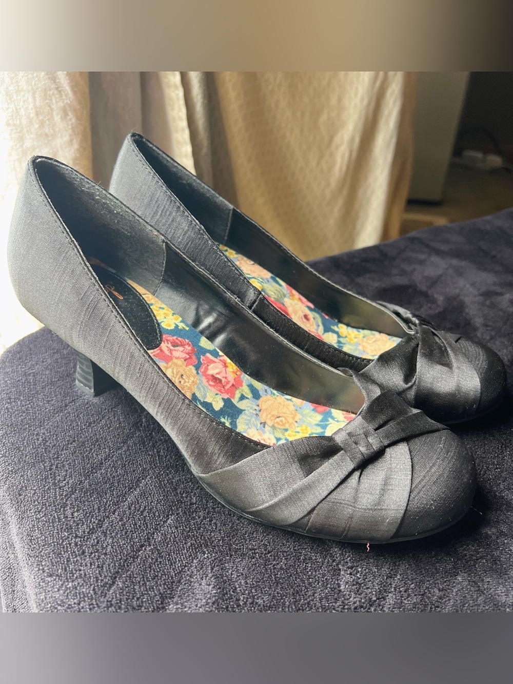JellyPop Black Satin Low Heel Pumps with Bow